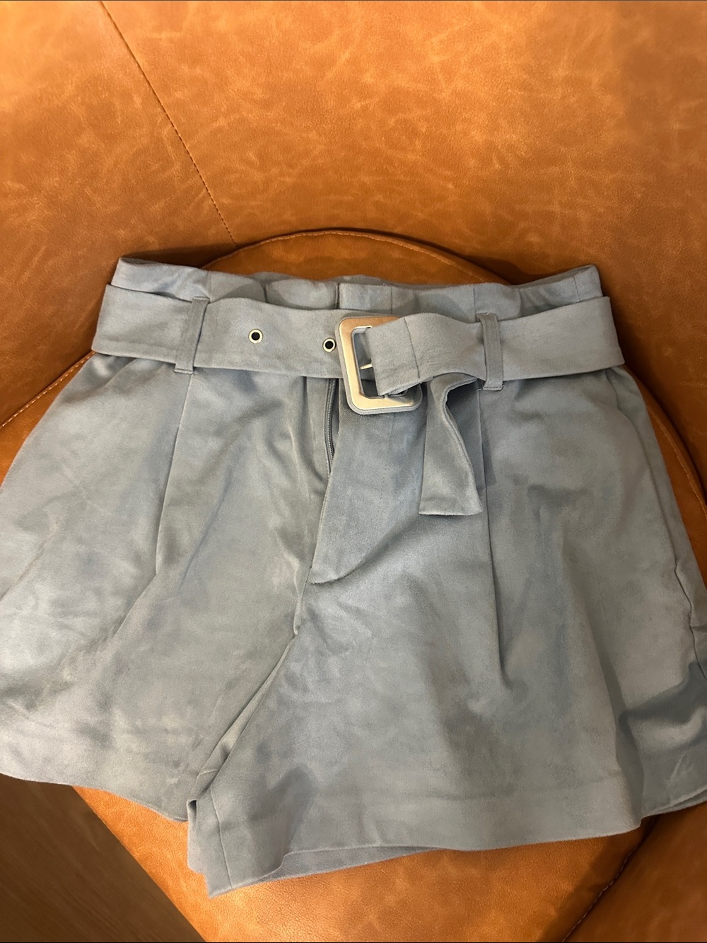 Zara Light Blue Belted Suede-Look Women's Shorts